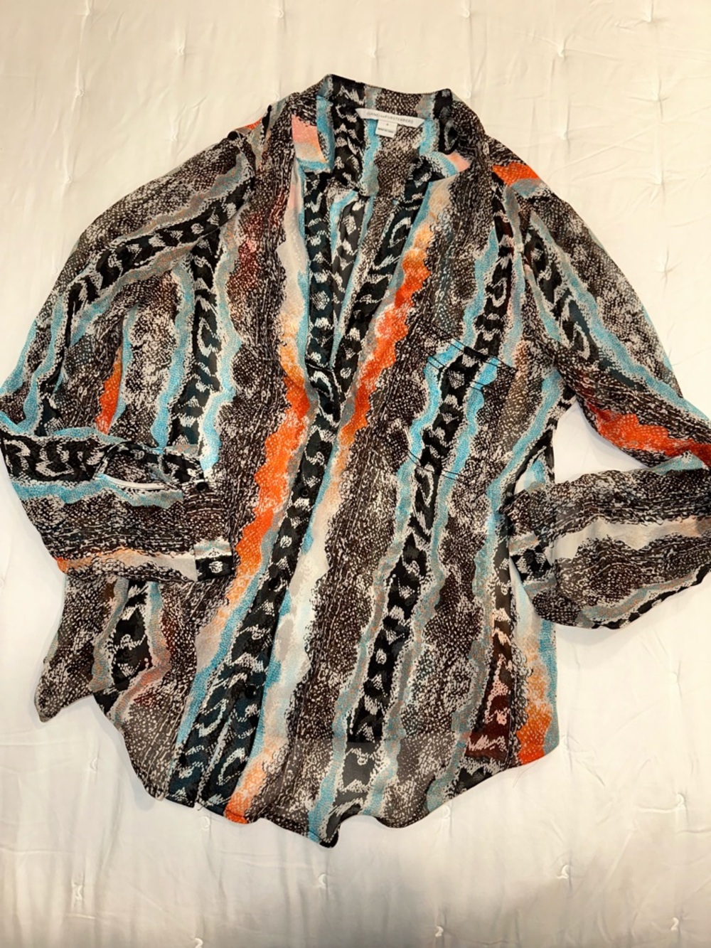 Diane Von Furstenberg Black, Teal & Coral Patterned Blouse